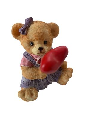 Teddie Valentine Bear Figurine Holding Red Heart